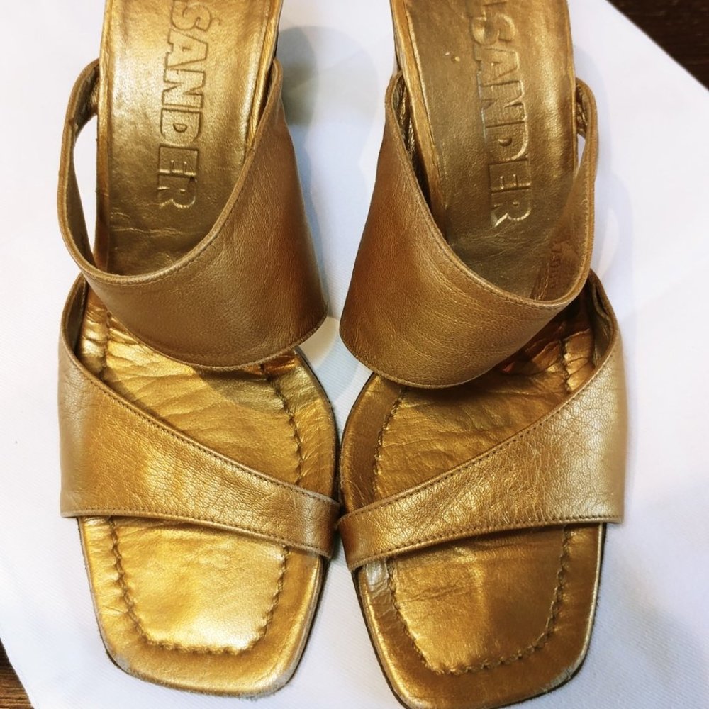 Jil Sander Leather Metallic Gold Mules, Size 6, Made in Spain
